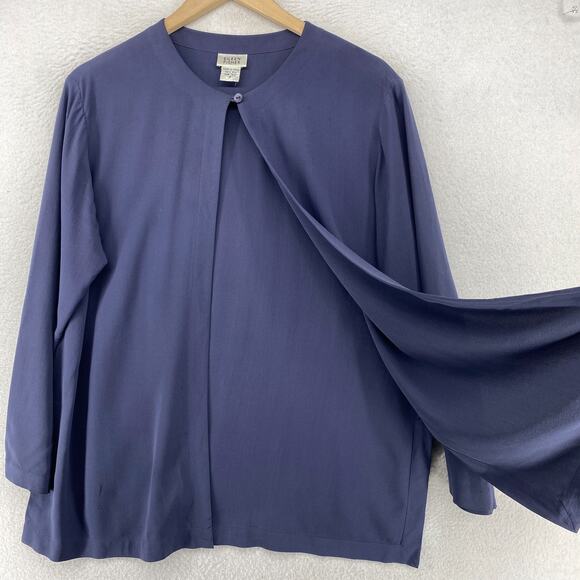 EILEEN FISHER Top S 90s Silk Twill Blouse One Button Long Sleeve Blue Vintage - Picture 2 of 14